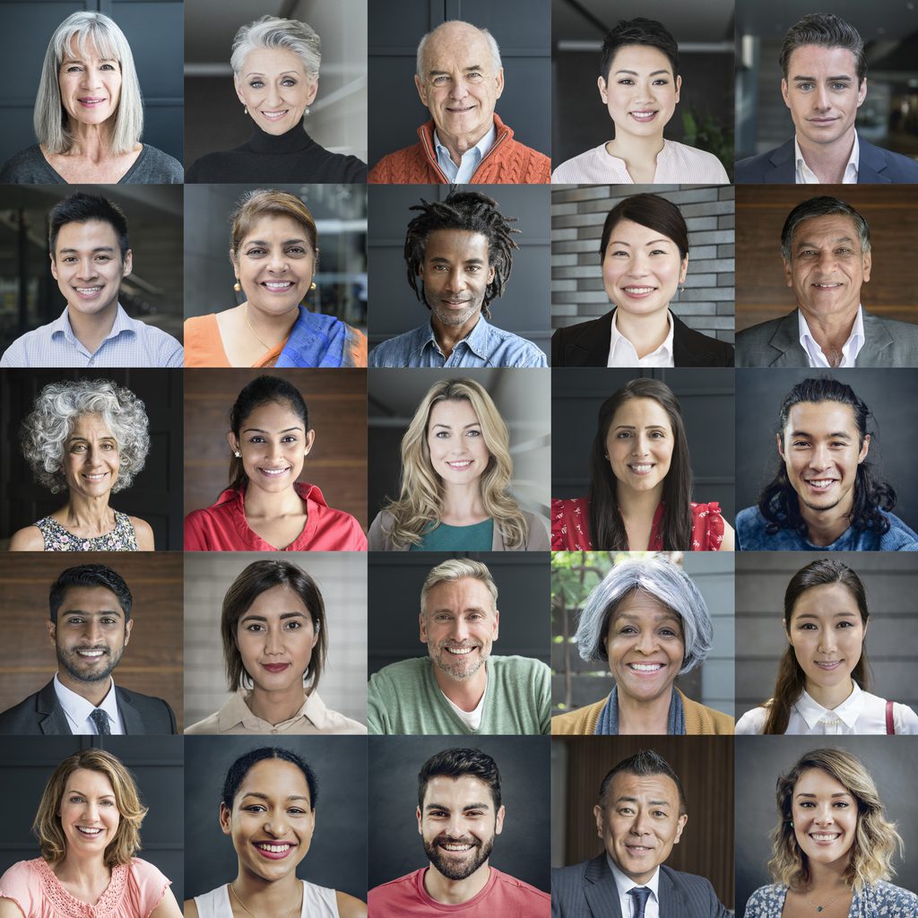 Headshot portraits of diverse smiling people Montage composite image of multi ethnic people looking to camera and smiling.