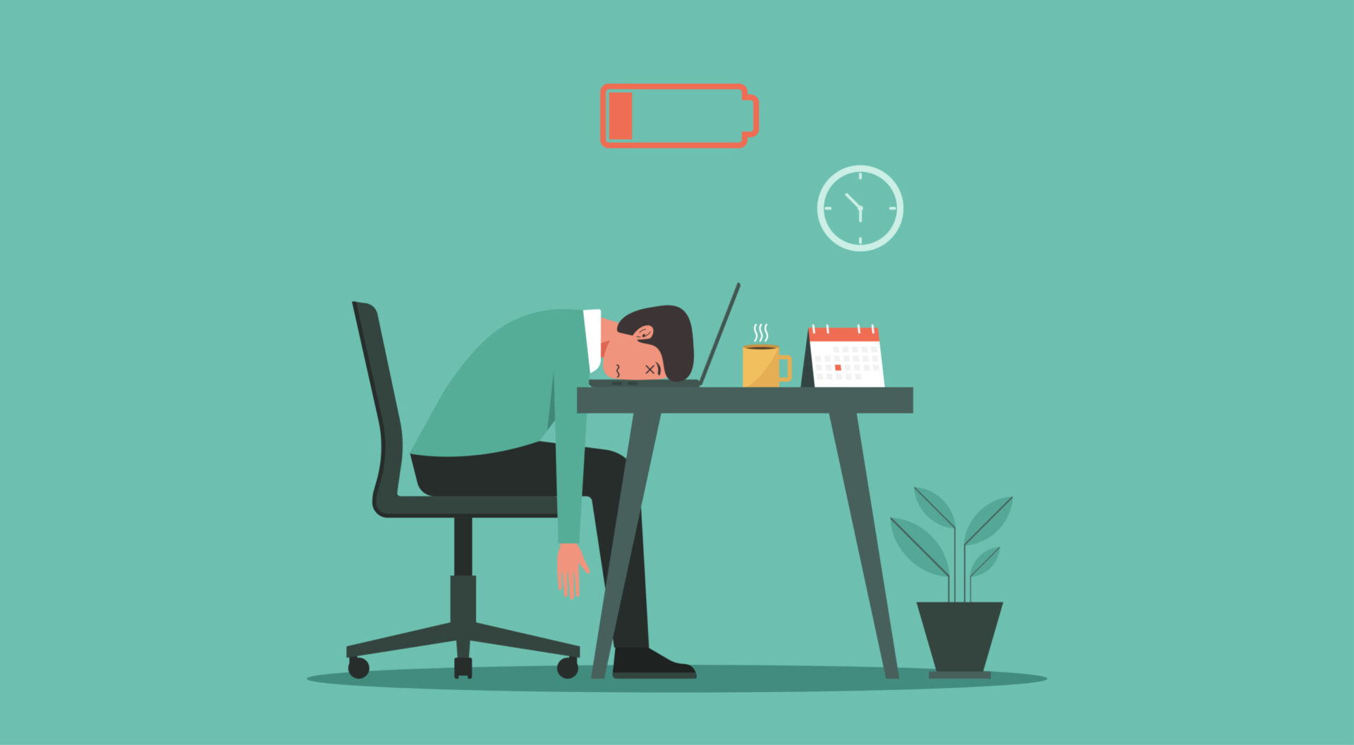 burnout syndrome concept. Tired man with low energy battery working on laptop in workplace Professional burnout syndrome concept. Tired or exhausted man with low energy battery sitting at the office and working on laptop computer in workplace, vector illustration