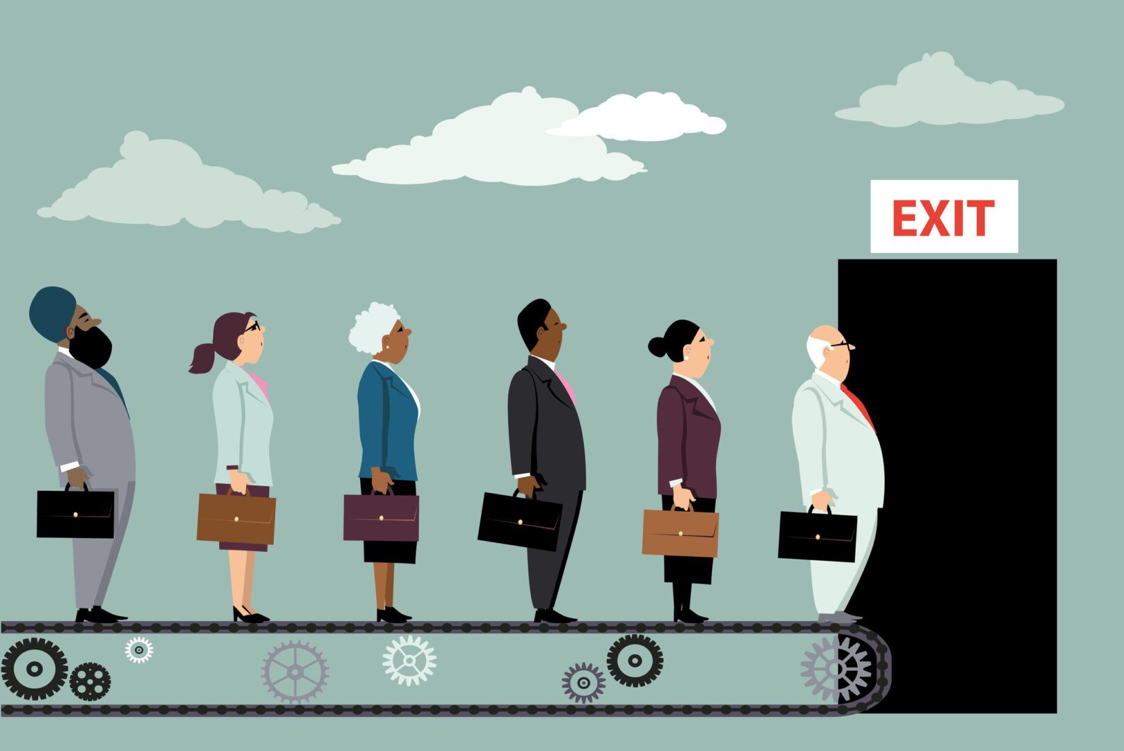 Great resignation Employees on a conveyor belt leaving their jobs, EPS 8 vector illustration